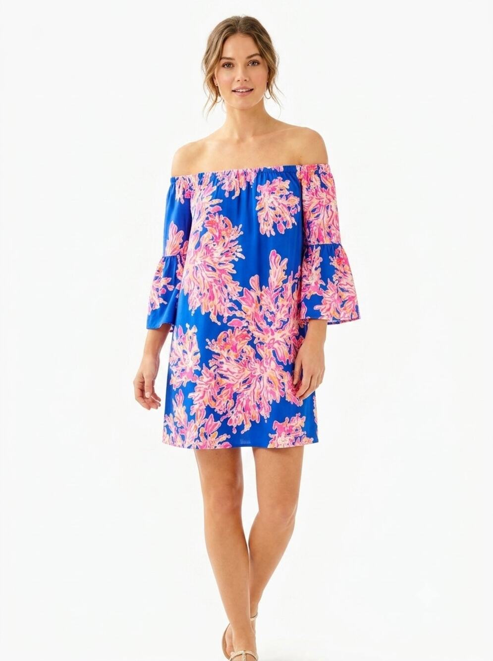 Lilly Pulitzer Sanilla Off The Shoulder Mini Dress S Womens Blue Pink Coral Reef